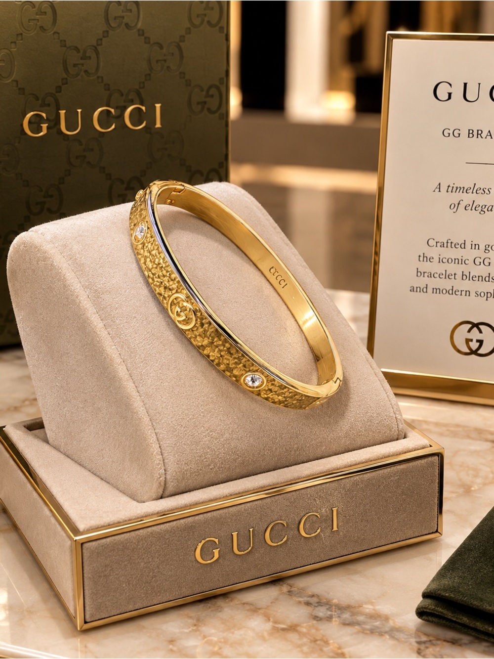 Gucci Gold GG Hammered Crystal Bangle Bracelet
